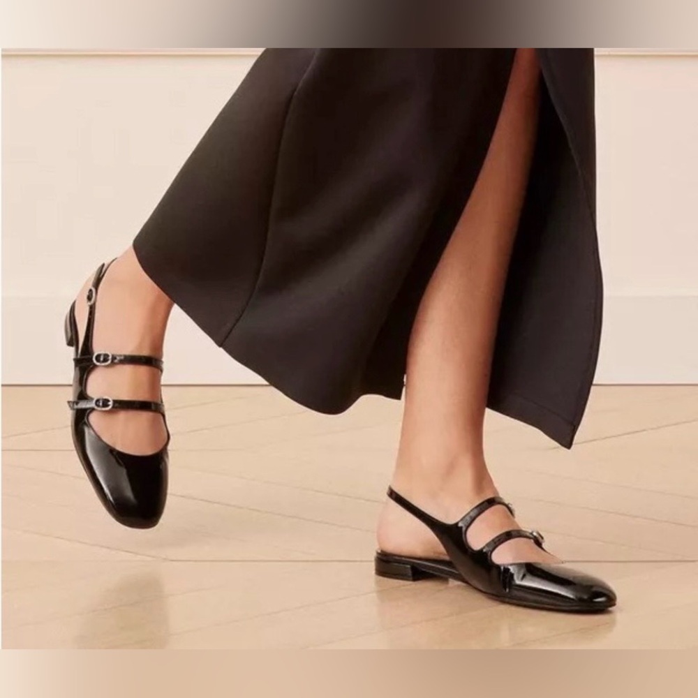 Stuart Weitzman Claris MJ Slingback Black Patent Flats Sz 7 BNWB Dustbag